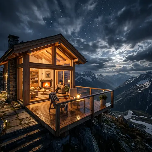 Tranquil Mountain House Interior with Stunning View