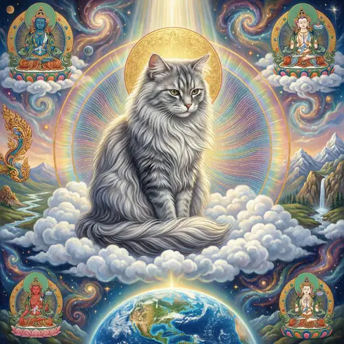 Serene Cat Overlooking Earth on Fluffy Clouds