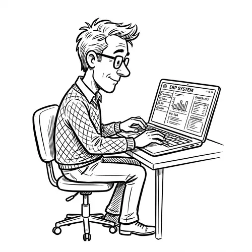 Black and White Cartoon Character Using ERP Laptop