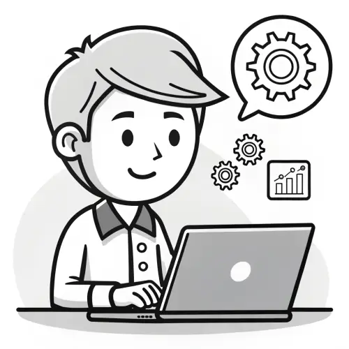Black and White Cartoon Character Using ERP Laptop