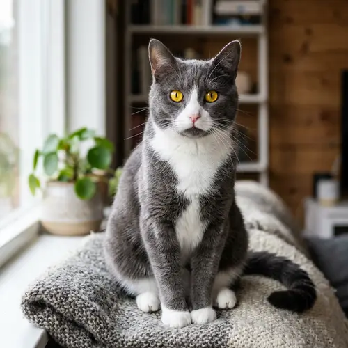Grey Cat with Striking Yellow Eyes and White Fur Accents