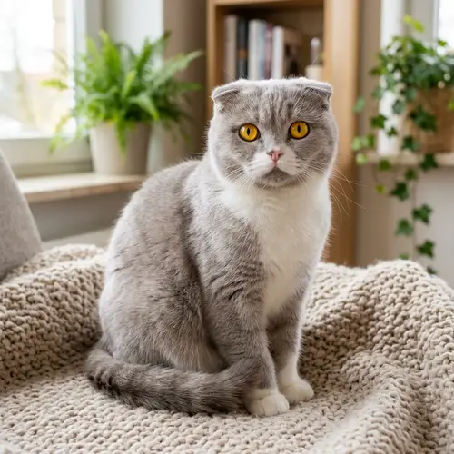 Petite Scottish Short Hair Cat with Yellow Eyes | Grey & White Fur