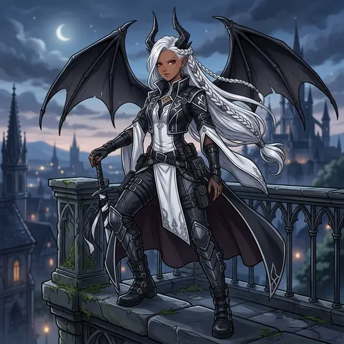 Anime-Style Character with Brown Skin, White Hair & Black Wings