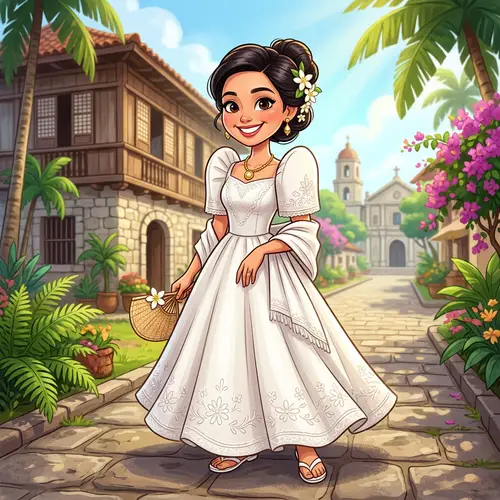 Female Character in Elegant Filipiniana Dress Caricature Style