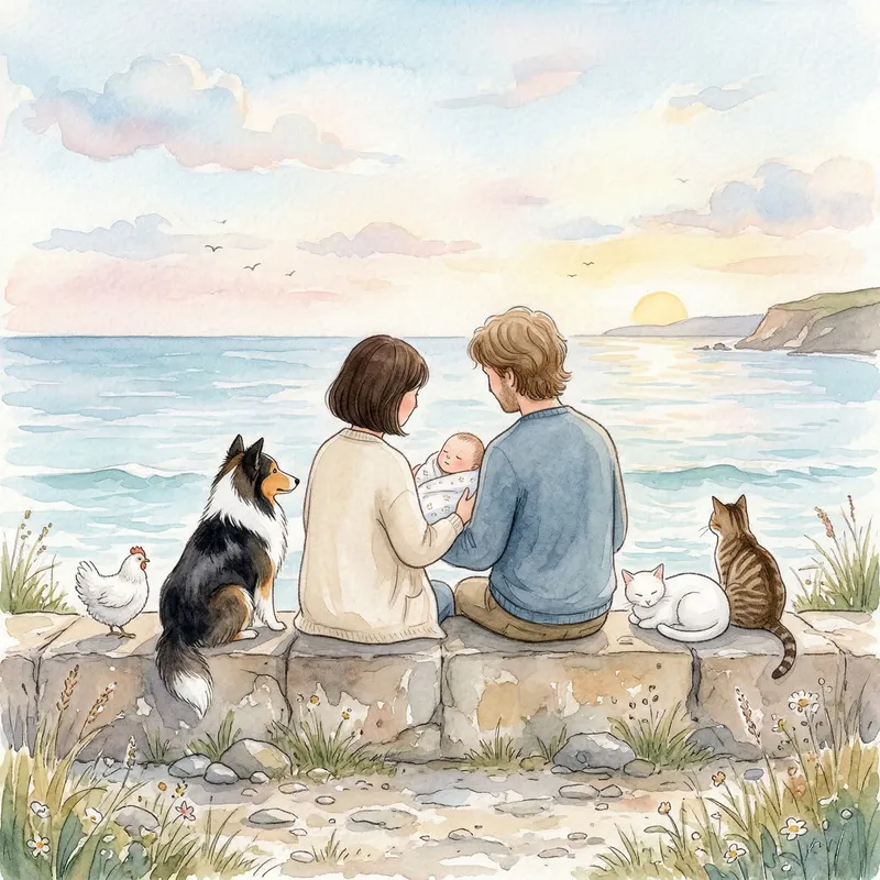 Charming Family Watercolor by the Ocean