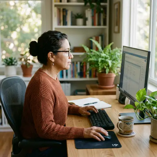 Hispanic Woman in 50s Working at Computer | Calm & Organized Workspace