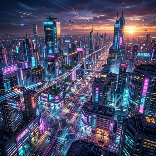 Futuristic Sunset Cityscape with Neon Lights | Cyberpunk Aesthetic