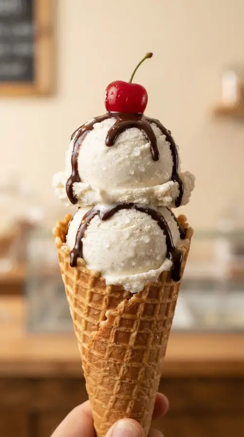 Delicious Vanilla Bean Ice Cream Cone with Cherry