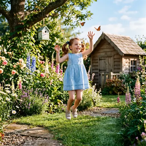 Small Caucasian Girl Playing in Charming Garden