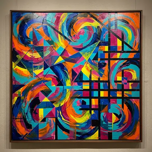 Bold Abstract Painting with Swirls & Optical Illusion Effect