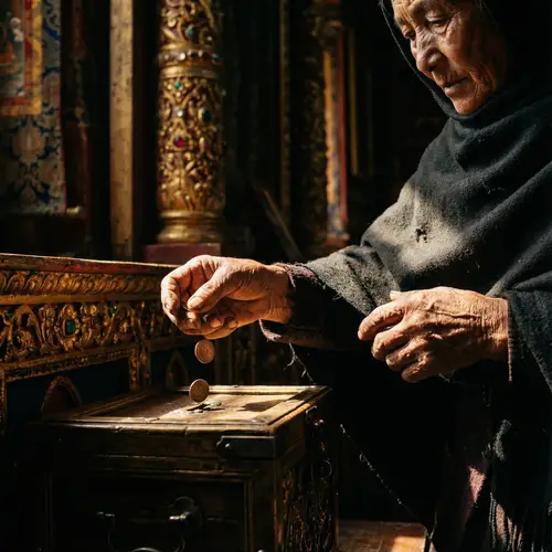 Elderly Woman Drops Humble Coins in Dimly Lit Temple