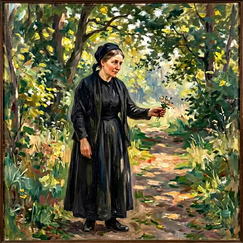 Impressionist-style Painting Depicting Heartfelt Scene of a Middle-Aged Widow Offering