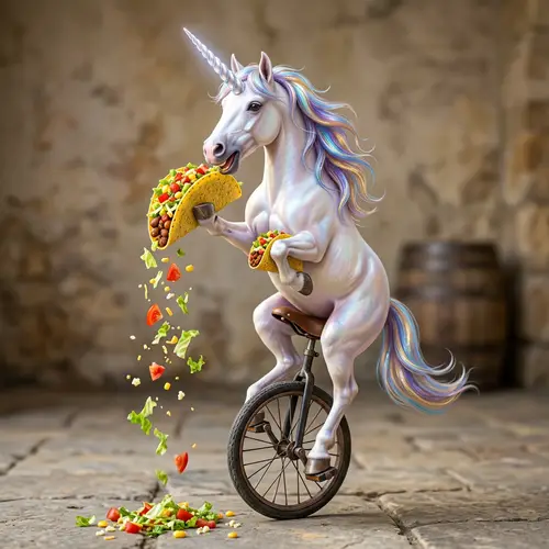 Majestic Unicorn on Unicycle Devouring Delicious Tacos