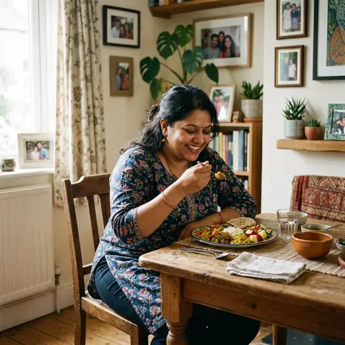 Self-Care and Positivity: Plus-Size South Asian Woman Enjoying a Healthy Meal