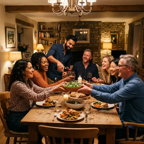Multicultural Dinner Party: Joyful Gathering Around Wooden Table