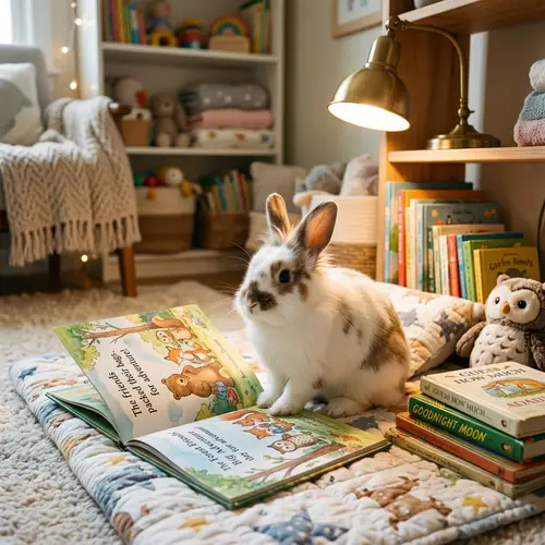 Adorable Bunny Reading Children's Books in Cozy Corner | Website Name