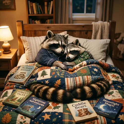Anthropomorphic Male Raccoons Cuddling in Bed