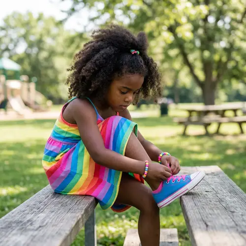 Adorable Girl in Rainbow Dress Tying Shoe Laces