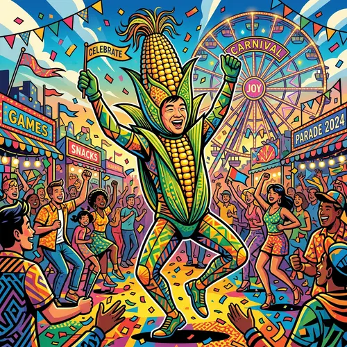 Vibrant Carnival Scene with Intricately Detailed Corn Costume