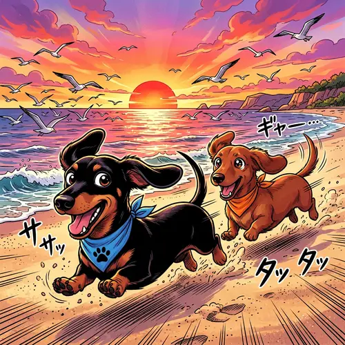 Anime Style Dachshunds Running on Sandy Beach
