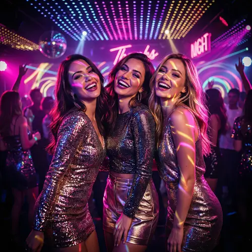 Vibrant Nightclub Scene: Stylish Women in Dazzling Outfits