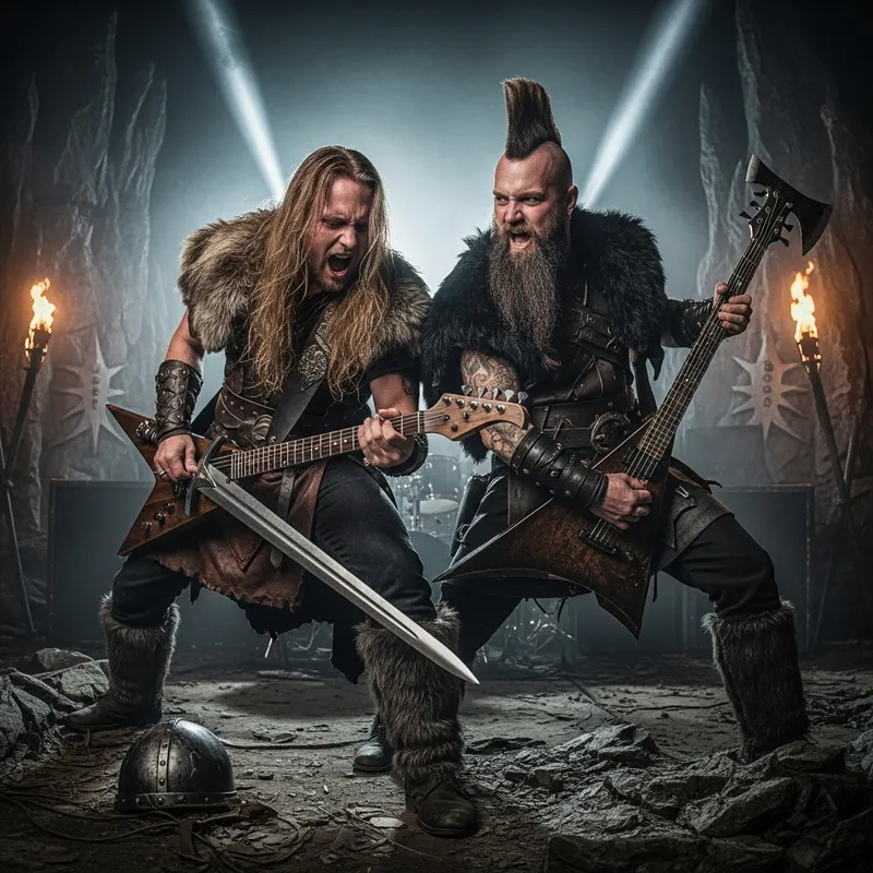 Viking Brothers Rocking Out with Unique Weapon Guitars