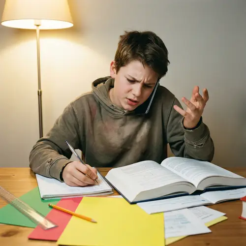 Caucasian Boy Multitasking Homework and Phone Call