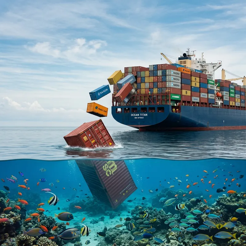 Expansive Calm Ocean Scene with Container Ship and Falling Containers