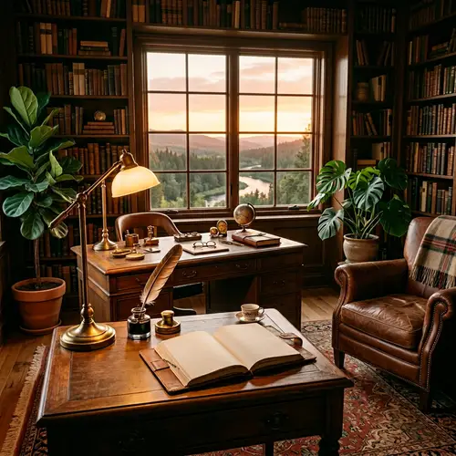 Cozy Private Study Room with Vintage Desk and Sunset View