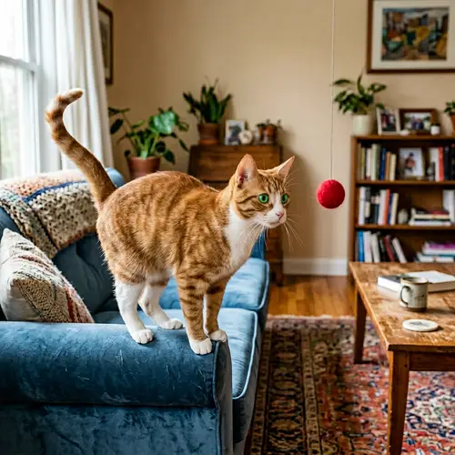 Playful Orange and White Cat on Blue Sofa