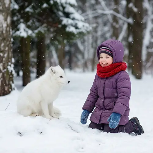 Playful Afternoon: Girl and White Fox in Snow