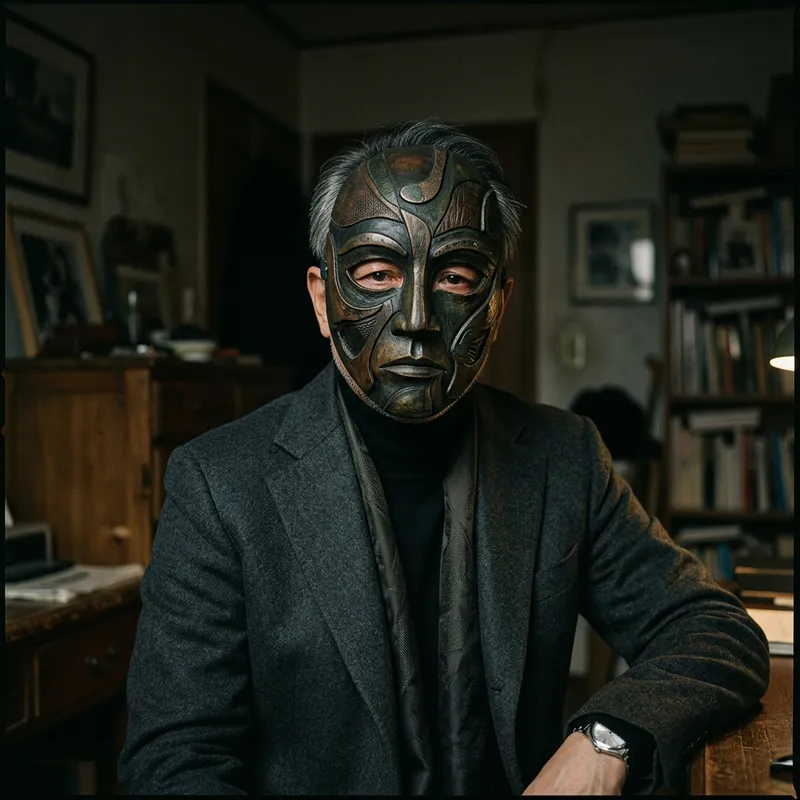 Emotionally Charged Asian Man Concealed Behind Detailed Mask in Dimly Lit Room