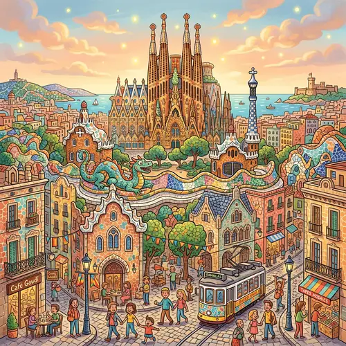 Barcelona City Mosaic Art - Explore Vibrant Cartoon Interpretation