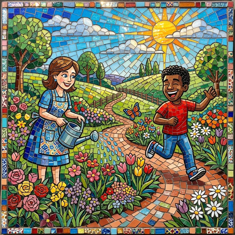 Colorful Mosaic Cartoon Garden Scene Colorful Mosaic Cartoon Garden Scene