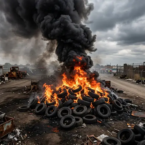 Eerie Scene: Black Smoke Billowing From Burning Rubber Tires