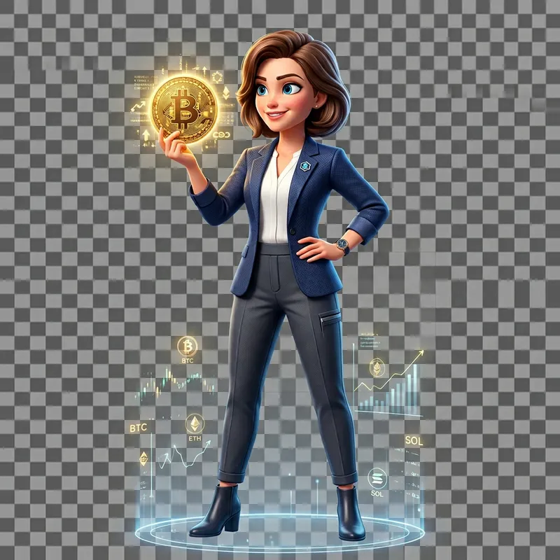 Confident Caucasian Woman with Golden Crypto Token