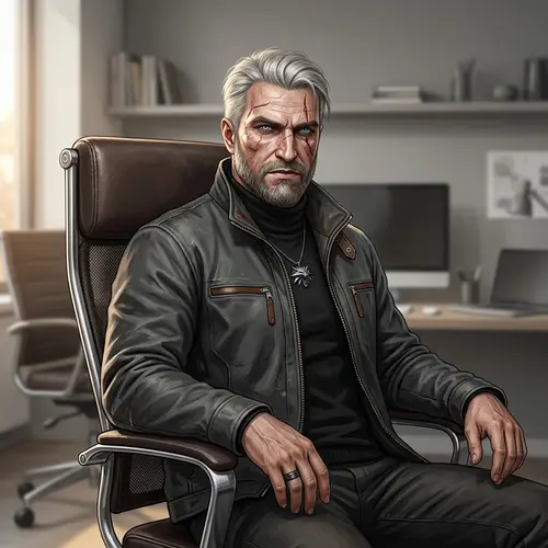 The Witcher Inspired Character Illustration in Modern Office Setting