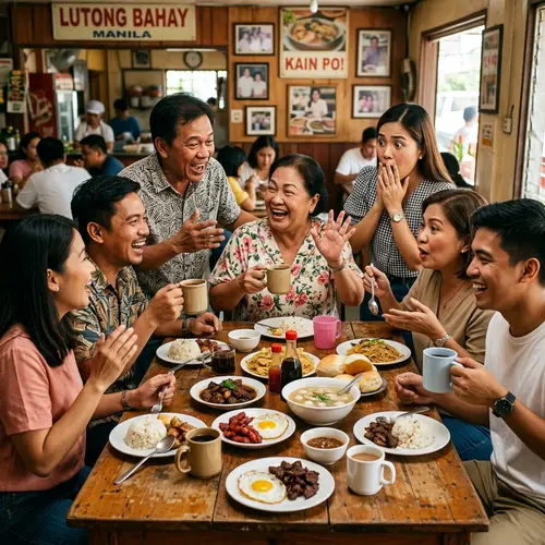 Filipino People Engaging in Animated Conversation and Sharing Traditional Dishes