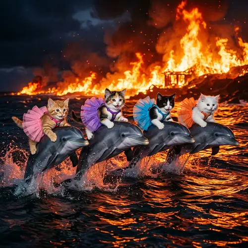 Kittens in Tutus Riding Dolphins - A Fiery Adventure