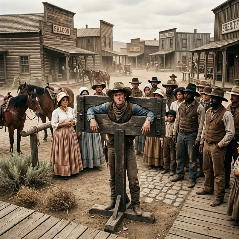 Young Cowboy in Pillory - Wild Western Scene with Diverse Spectators