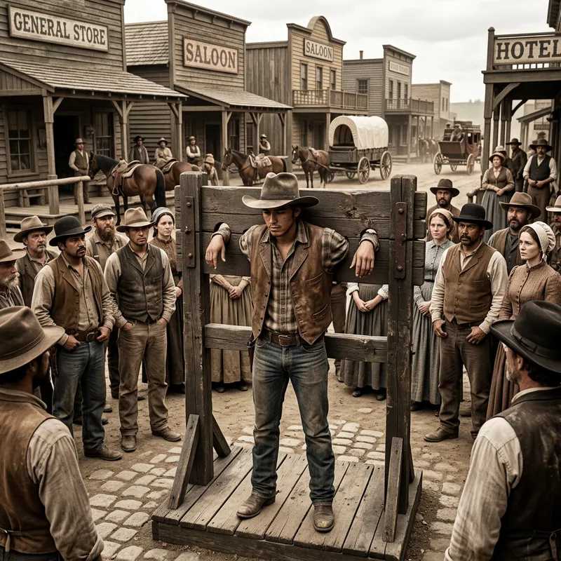 Young Hispanic Cowboy in Pillory - Wild Western Scene
