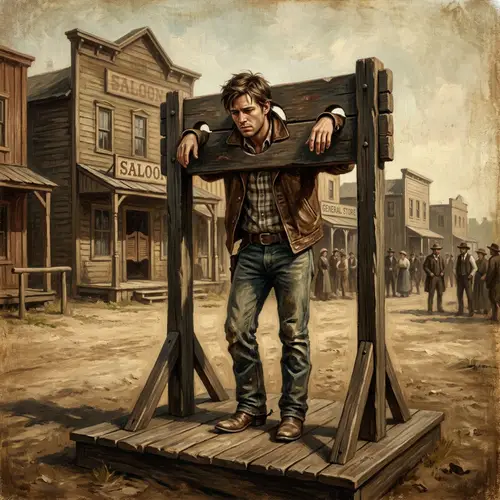 Young Cowboy Trapped in Pillory - Wild West Era Illustration
