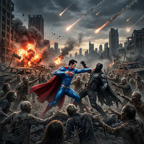 Epic Superhero vs Villain Battle in Post-Apocalyptic Setting