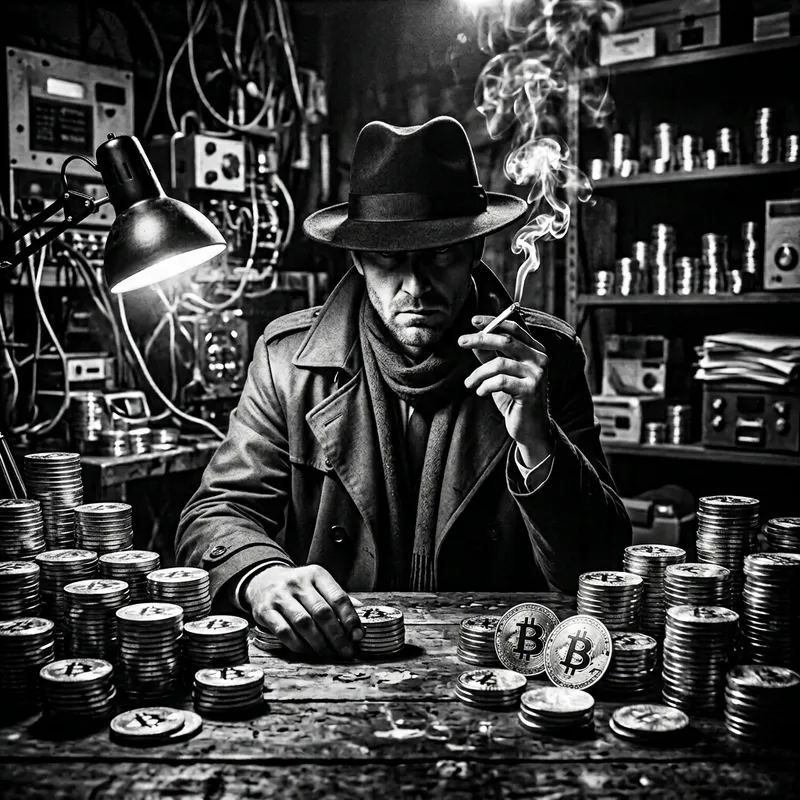 Mysterious Man with Golden Bitcoins | Film Noir Crypto Imagery Mysterious Man with Golden Bitcoins | Film Noir Crypto Imagery