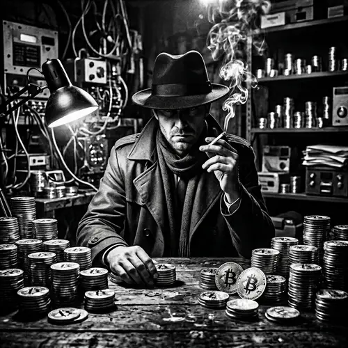 Mysterious Man Surrounded by Golden Bitcoins - Crypto-Inspired Noir Imagery
