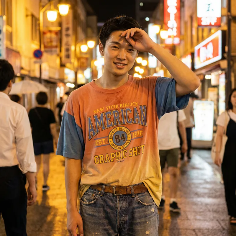 Stylish Asian Man in Colorful American T-shirt | Summer Night Look