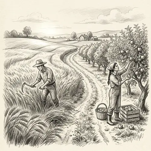 Diverse Agricultural Lands: Wheat Field and Apple Orchard