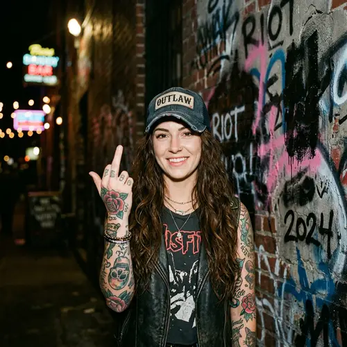 Edgy Beauty: Long Wavy Hair & Tattoos