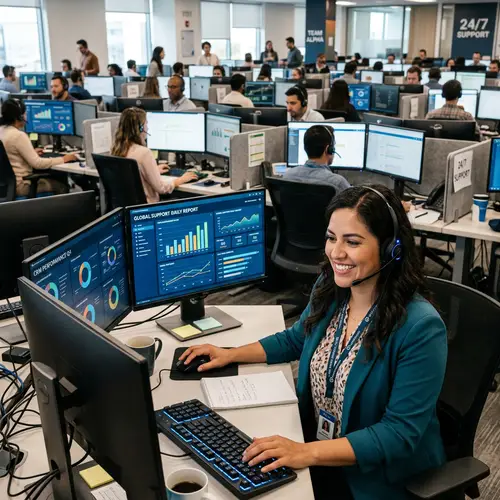 Hyper-Realistic UHD Image of Smiling Latina Woman at Call Center