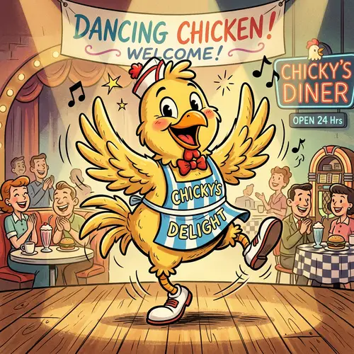 1950s Cartoon Chicken Mascot Dancing Smiling